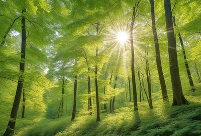 The primary subject of the image is a forest filled with green trees. The setting is a lush green forest with sunlight shining through the trees, creating a serene and peaceful atmosphere. The visual style is a natural, realistic representation of the forest, with no indication of digital art or illustration. The colors and mood are predominantly green, with the sunlight adding a touch of warmth to the scene.