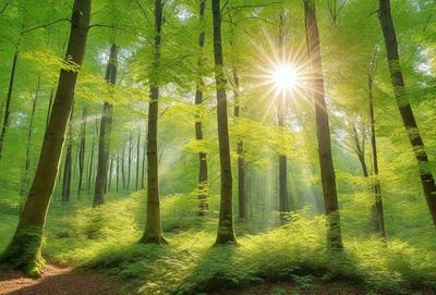 Primary subject: Trees
Setting/background: Forest
Visual style: Photo
Colors and mood: Green, sunny, and serene