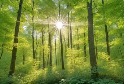 The primary subject of the image is a sun shining through the trees in a forest. The setting is a lush green forest with many trees, creating a serene and natural atmosphere. The visual style is a photo, capturing the beauty of the sunlight filtering through the trees. The colors and mood are predominantly green, with the sunlight adding a warm and inviting touch to the scene.