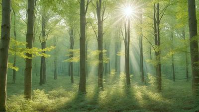 The primary subject of the image is a forest filled with trees. The setting is a lush green forest with sunlight shining through the trees, creating a serene and peaceful atmosphere. The visual style is a photo of the forest, capturing the beauty of the natural environment. The colors and mood are predominantly green, with the sunlight adding a warm and inviting touch to the scene.