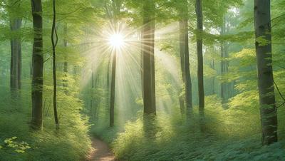 The primary subject of the image is a sunlight shining through the trees in a forest. The setting is a lush green forest with tall trees and a pathway. The visual style is a photo of the forest, capturing the natural beauty of the scene. The colors and mood are vibrant and serene, with the sunlight creating a warm and inviting atmosphere.
