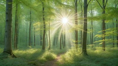 The primary subject of the image is a sunlight shining through the trees in a forest. The setting is a lush green forest with many trees, creating a serene and natural atmosphere. The visual style is a photo, capturing the beauty of the sunlight and the surrounding environment. The colors and mood are predominantly green, with the sunlight creating a warm and inviting ambiance.