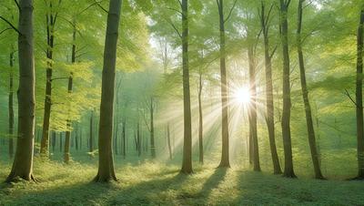 The primary subject of the image is a sun shining through the trees, creating a beautiful and serene atmosphere. The setting is a lush green forest filled with tall trees, providing a natural and peaceful backdrop. The visual style of the image is a photo, capturing the sunlight and the trees in their natural environment. The colors and mood of the image are predominantly green, with the sunlight creating a warm and inviting ambiance.