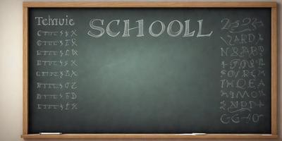 The primary subject of the image is a chalkboard with the word "school" written on it. The setting is a classroom, and the visual style is a hand-drawn chalkboard. The colors and mood of the image are predominantly black and white, giving it a classic and timeless appearance.