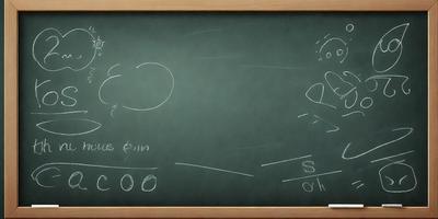 The primary subject of the image is a chalkboard with various drawings and writing on it. The setting is a classroom, and the visual style appears to be a combination of a photo and a drawing. The chalkboard has a green background, and the drawings and writing are in white. The overall atmosphere of the image is educational and creative, as the chalkboard is used for teaching and learning purposes.