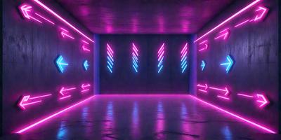 The primary subject of the image is a large, brightly lit room with a pink and blue color scheme. The room features a tunnel-like structure with a pink and blue neon light illuminating the space. The setting appears to be a futuristic or modern environment, possibly a club or a high-tech facility. The visual style of the image is a combination of digital art and illustration, creating a unique and captivating atmosphere. The dominant colors in the scene are pink and blue, which contribute to the