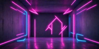 The primary subject of the image is a large, colorful house with a pink roof. The house is surrounded by a purple and pink neon light display, creating a vibrant and lively atmosphere. The setting is a room with a concrete floor, and the visual style appears to be a combination of digital art and illustration. The colors and mood of the image are predominantly pink and purple, giving the scene a warm and inviting feel.