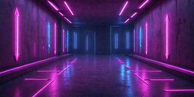 The primary subject of the image is a long, narrow hallway with a purple glow. The setting is a dark room with a row of doors on one side and a bench on the other. The visual style appears to be a digital art or illustration, as the hallway is filled with a vibrant purple light. The colors and mood of the image are predominantly purple, creating a unique and captivating atmosphere.