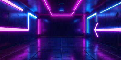 The primary subject of the image is a large, open room with a blue wall and a purple glow. The setting appears to be a futuristic or industrial environment. The visual style of the image is a combination of photo and digital art, creating a unique and captivating atmosphere. The dominant colors in the scene are blue and purple, which contribute to the futuristic and mysterious mood of the space.