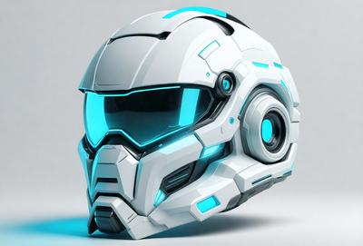 The primary subject of the image is a futuristic white helmet with blue accents. The helmet is prominently displayed in the foreground, with a gray background. The visual style of the image is digital art, as it appears to be a 3D model or a CGI rendering. The colors and mood of the image are predominantly blue and white, giving it a sleek and modern appearance.