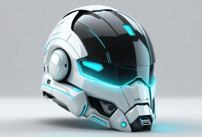 The primary subject of the image is a futuristic-looking helmet with a blue glow. The helmet is white and black in color, and it appears to be a digital art or illustration. The setting is a white background, which provides a clean and minimalistic environment for the helmet. The overall atmosphere of the image is futuristic and technological, with the blue glow adding a sense of energy and movement to the scene.