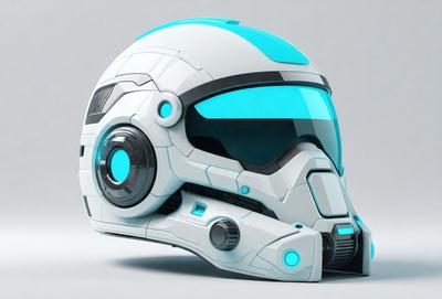 The primary subject of the image is a futuristic white helmet with blue accents. The helmet is designed to look like a space suit, and it is the main focus of the image. The setting is a gray background, which provides a contrasting backdrop for the helmet. The visual style is a combination of digital art and illustration, creating a detailed and realistic representation of the space suit helmet. The colors and mood of the image are predominantly blue and white, giving it a clean and modern appearance