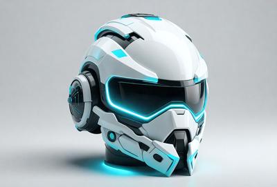 The primary subject of the image is a futuristic-looking helmet with a blue glow. The helmet is white and blue, and it appears to be a digital art or illustration. The setting is a gray background, which contrasts with the blue glow of the helmet. The overall atmosphere of the image is futuristic and technological.
