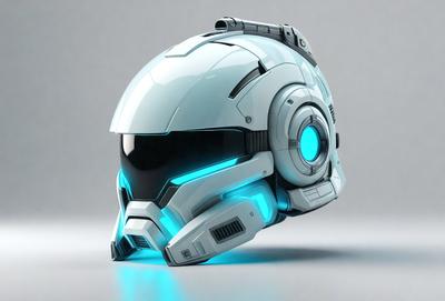 The primary subject of the image is a futuristic-looking helmet, which is the main object, scene, or focus of the image. The setting/background features a gray surface, which adds to the overall atmosphere. The visual style of the image is digital art, as it is a computer-generated representation of the helmet. The colors and mood of the image are predominantly blue, which gives it a futuristic and high-tech appearance.