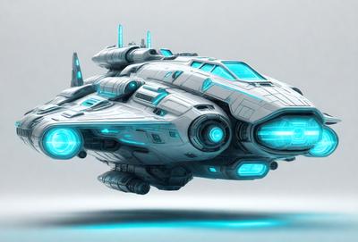 The primary subject of the image is a futuristic spacecraft, which appears to be a large, white, and blue ship. The setting is a gray background, which provides a contrasting backdrop for the spacecraft. The visual style of the image is digital art, as it is a detailed and intricate illustration of the spacecraft. The colors and mood of the image are predominantly blue and gray, giving it a sleek and modern appearance.