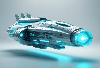 The primary subject of the image is a futuristic-looking spaceship. The setting is a white background, which provides a clean and minimalist appearance. The visual style is a combination of digital art and illustration, creating a sense of depth and detail. The colors and mood of the image are predominantly blue, giving it a cool and modern feel.