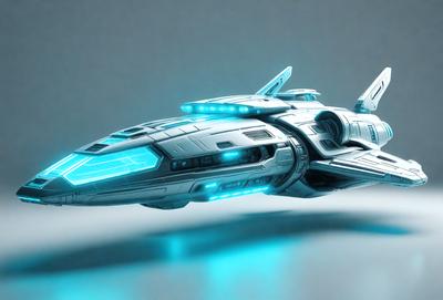 The primary subject of the image is a futuristic spacecraft, which is a large silver and blue ship. The setting is a white background, which provides a clean and uncluttered environment for the spacecraft to be displayed. The visual style of the image is digital art, as it is a computer-generated representation of the spacecraft. The colors and mood of the image are predominantly silver and blue, giving the spacecraft a sleek and modern appearance.
