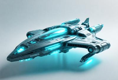 The primary subject of the image is a futuristic spacecraft, which is a large, silver, and blue fighter jet. The setting is a white background, which provides a clean and uncluttered environment for the spacecraft to be displayed. The visual style of the image is digital art, as it is a detailed and intricate representation of the spacecraft. The colors and mood of the image are predominantly silver and blue, giving the spacecraft a sleek and modern appearance.