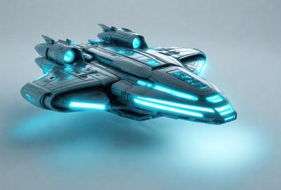 The primary subject of the image is a futuristic spacecraft, which appears to be a large, sleek, and modern-looking ship. The setting is a white background, which provides a clean and uncluttered environment for the spacecraft to be displayed. The visual style of the image is digital art, as it is a computer-generated representation of the spacecraft. The colors and mood of the image are predominantly blue, giving the spacecraft a cool and sophisticated appearance.