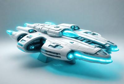 The primary subject of the image is a futuristic white spaceship with blue accents. The spaceship is prominently displayed in the foreground, occupying a significant portion of the image. The setting appears to be a gray background, which contrasts with the white and blue spaceship. The visual style of the image is a combination of digital art and illustration, creating a captivating and imaginative scene. The colors and mood of the image are predominantly blue and white, giving the spaceship a sle