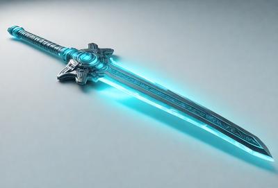 The primary subject of the image is a sword, which is the main object, scene, or focus of the image. The sword is blue and has a glowing effect, giving it a unique and eye-catching appearance. The setting or background of the image is a gray surface, which provides a neutral and unobtrusive backdrop for the sword. The visual style of the image is digital art, as it appears to be a digital rendering or illustration of the sword. The colors and mood of the image are pre