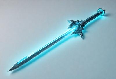 The primary subject of the image is a blue sword, which is the main object, scene, or focus of the image. The setting or background is a white surface, which provides a clean and uncluttered backdrop for the sword. The visual style of the image is digital art, as it appears to be a digital rendering of the sword. The colors and mood of the image are predominantly blue, giving it a cool and futuristic appearance.