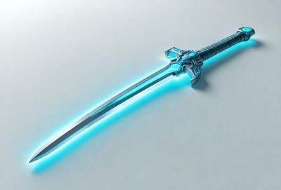 The primary subject of the image is a sword, which is the main object, scene, or focus of the image. The sword is blue and has a glowing effect, giving it a unique and eye-catching appearance. The setting or background of the image is a white surface, which provides a clean and uncluttered backdrop for the sword. The visual style of the image is digital art, as it appears to be a computer-generated or digitally rendered image. The colors and mood of the image are predomin