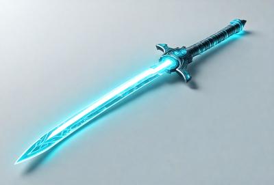 The primary subject of the image is a blue sword. The setting is a white background, which provides a clean and uncluttered environment for the sword to stand out. The visual style is digital art, as the sword appears to be a 3D model or a digital illustration. The colors and mood of the image are predominantly blue, giving the sword a cool and futuristic appearance.