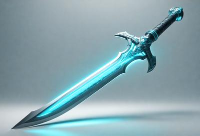 The primary subject of the image is a sword, which is the main object, scene, or focus of the image. The sword is blue and has a glowing effect, giving it a unique and eye-catching appearance. The setting or background of the image is a white surface, which provides a clean and uncluttered backdrop for the sword. The visual style of the image is digital art, as it appears to be a digital rendering or illustration of the sword. The colors and mood of the image are predomin