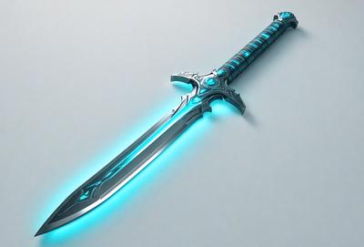 Primary subject: A blue sword with a glowing handle.

Setting/background: A white background.

Visual style: Digital art.

Colors and mood: The sword has a blue glow, and the overall atmosphere is futuristic and sleek.