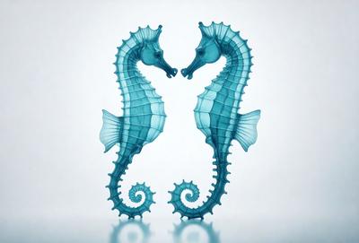 The primary subject of the image is a pair of blue glass sea horse sculptures. They are positioned close to each other, with their heads touching. The setting is a white background, which provides a clean and minimalist appearance. The visual style is a combination of digital art and illustration, as the sculptures are created using glass and digital techniques. The colors and mood of the image are predominantly blue, which adds a sense of calmness and tranquility to the scene.