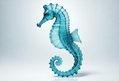 The primary subject of the image is a blue glass sea horse. The setting is a white background, which provides a clean and minimalist appearance. The visual style is a combination of photo and digital art, as the sea horse is a three-dimensional object created using digital tools. The colors and mood of the image are predominantly blue, which gives the scene a calm and serene atmosphere.