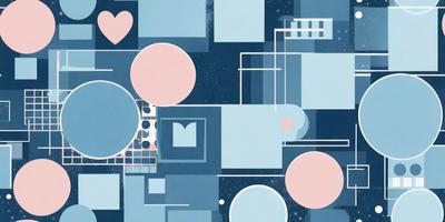 The primary subject of the image is a collection of various shapes, including circles, squares, and triangles. These shapes are arranged in a visually appealing manner, creating a sense of depth and complexity. The setting is a blue background, which adds to the overall mood of the image. The visual style is a combination of digital art and illustration, with the shapes and colors creating a unique and intricate pattern. The dominant colors in the image are blue and pink, which contribute to a calm and inviting atmosphere.