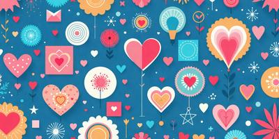 The primary subject of the image is a collection of various heart-shaped decorations, including balloons, stars, and flowers. These decorations are displayed on a blue background, creating a visually appealing and colorful scene. The visual style of the image is a combination of digital art and illustration, with the hearts and decorations appearing as both photo-realistic and stylized elements. The overall atmosphere of the image is cheerful, warm, and inviting, with the hearts symbolizing love and affection.