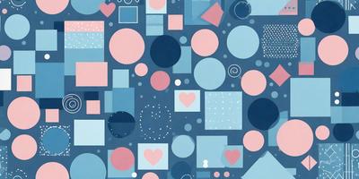 The primary subject of the image is a blue and pink patterned background with various shapes and circles. The setting is a blue and pink color scheme, and the visual style is a combination of digital art and illustration. The overall atmosphere is vibrant and lively, with a focus on the intricate patterns and shapes.