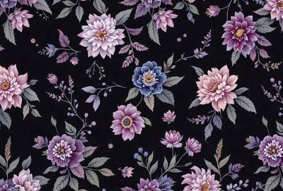 The primary subject of the image is a floral pattern, featuring a variety of flowers in different colors. The setting is a black background, which contrasts with the vibrant flowers. The visual style is a combination of digital art and illustration, creating a detailed and realistic representation of the flowers. The dominant colors in the image are purple, blue, and pink, giving the overall atmosphere a sense of freshness and beauty.