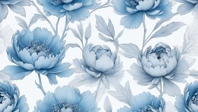 The primary subject of the image is a blue floral pattern, featuring a variety of blue flowers. The setting is a white background, which provides a clean and minimalist appearance. The visual style is a combination of digital art and illustration, creating a vibrant and detailed floral design. The dominant colors are blue, which gives the pattern a calm and soothing atmosphere.