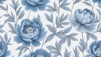 The primary subject of the image is a blue floral pattern, featuring a variety of blue flowers. The setting is a white wall, which serves as the background for the pattern. The visual style is a combination of digital art and illustration, creating a vibrant and colorful design. The dominant colors are blue and white, with the blue flowers providing a lively and fresh atmosphere.