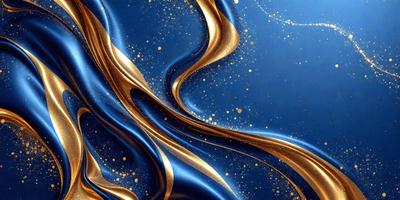 The primary subject of the image is a blue background with gold swirls and patterns. The setting is a blue surface, and the visual style appears to be a combination of digital art and illustration. The dominant colors are blue and gold, creating a sense of depth and elegance.