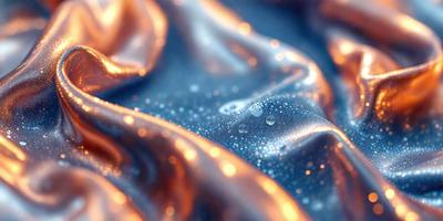 The primary subject of the image is a close-up of a blue fabric with water droplets on it. The setting is a blue background, and the visual style appears to be a photo. The dominant colors are blue and orange, creating a vibrant and lively atmosphere.