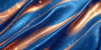 The primary subject of the image is a blue fabric with a pattern of gold glitter. The setting is a close-up of the fabric, showcasing its texture and pattern. The visual style is a combination of a photo and digital art, creating a unique and eye-catching design. The dominant colors are blue and gold, giving the image a luxurious and elegant appearance.