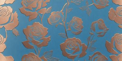 The primary subject of the image is a pattern of roses, which are the main objects in the scene. The setting is a blue background, which creates a contrasting and visually appealing environment. The visual style of the image is a combination of digital art and illustration, as the roses are depicted in a metallic, shiny appearance. The dominant colors in the image are blue and gold, giving the overall atmosphere a sense of elegance and sophistication.