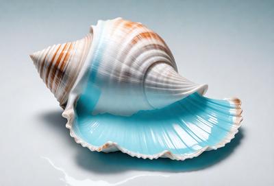 The primary subject of the image is a blue and white shell, which is the main object, scene, or focus of the image. The shell is placed on a white surface, which serves as the setting or background. The visual style of the image is a photo, capturing the natural beauty of the shell. The dominant colors in the image are blue and white, creating a calming and serene atmosphere.