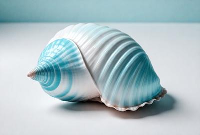 The primary subject of the image is a blue and white shell, which is the main object, scene, or focus of the image. The shell is placed on a white surface, which serves as the setting or background. The visual style of the image is a photo, capturing the natural beauty of the shell. The dominant colors in the image are blue and white, creating a calm and serene atmosphere.