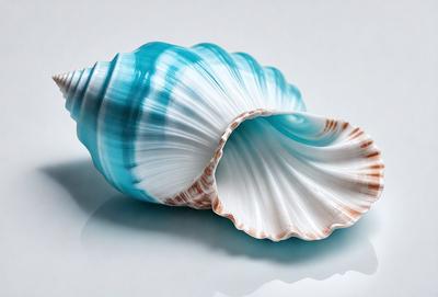 The primary subject of the image is a blue and white shell, which is the main object, scene, or focus of the image. The shell is placed on a white surface, which serves as the setting or background. The visual style of the image is a photo, capturing the natural beauty of the shell. The dominant colors in the image are blue and white, creating a calm and serene atmosphere.
