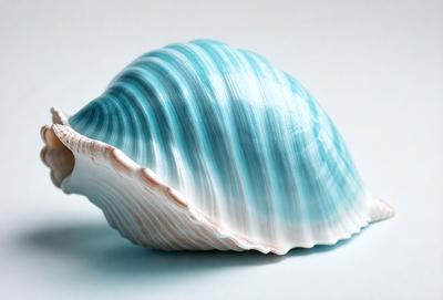 The primary subject of the image is a blue and white shell, which is the main object, scene, or focus of the image. The shell is placed on a white surface, which serves as the setting or background. The visual style of the image is a photo, capturing the natural beauty of the shell. The dominant colors in the image are blue and white, creating a calm and serene atmosphere.
