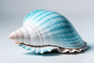 The primary subject of the image is a blue and white shell, which is the main object, scene, or focus of the image. The shell is placed on a white surface, which serves as the setting or background. The visual style of the image is a photo, capturing the natural beauty of the shell. The dominant colors in the image are blue and white, creating a calm and serene atmosphere.