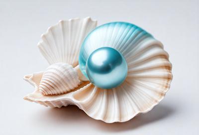 The primary subject of the image is a white shell with a blue pearl inside. The shell is placed on a white surface, which serves as the background. The visual style of the image is a close-up of the shell and the pearl, showcasing the details of the shell and the pearl. The colors and mood of the image are predominantly white and blue, giving it a calm and serene atmosphere.