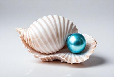 The primary subject of the image is a white shell with a blue pearl inside. The shell is placed on a white surface, which serves as the setting or background. The visual style of the image is a close-up of the shell and pearl, showcasing the details of the shell and the pearl's color. The colors and mood of the image are predominantly white and blue, creating a calm and serene atmosphere.