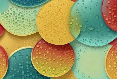 The primary subject of the image is a collection of colorful circles with water droplets on them. The circles are arranged in a visually appealing manner, creating a vibrant and lively scene. The setting is a background of water droplets, which adds to the overall atmosphere of the image. The visual style is a combination of photo and digital art, as the circles appear to be digitally manipulated to create the desired effect. The colors and mood of the image are predominantly bright and cheerful, with